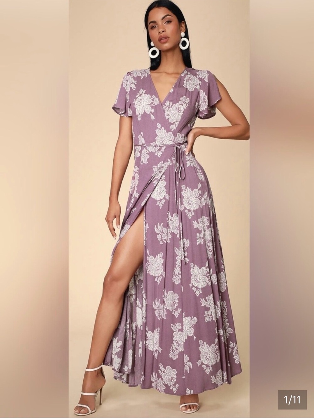 Lulus Floral Wrap Maxi Dress in Dusty Lavender and White